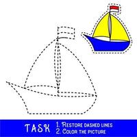 Drawing worksheet for preschool kids with easy gaming level of difficulty, simple educational game for kids one line tracing of Boat. vector