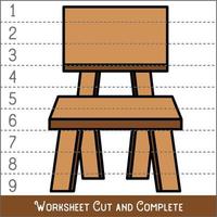 Worksheet. Game for kids, children. Math Puzzles. Cut and complete. Learning mathematics. Chair. vector