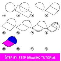 juego para niños para desarrollar habilidades de dibujo con un nivel de juego fácil para niños en edad preescolar, tutorial educativo de dibujo para gorra. vector