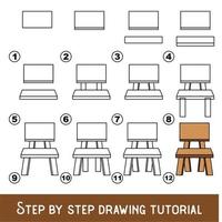 juego para niños para desarrollar habilidades de dibujo con un nivel de juego fácil para niños en edad preescolar, tutorial educativo de dibujo para silla. vector