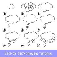 juego para niños para desarrollar habilidades de dibujo con un nivel de juego fácil para niños en edad preescolar, dibujando un tutorial educativo para la lluvia. vector