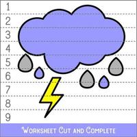 Worksheet. Game for kids, children. Math Puzzles. Cut and complete. Learning mathematics. Rain. vector