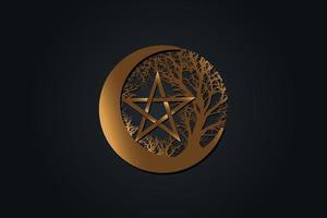 Mystical Moon, tree of life and Wicca pentacle. Sacred geometry. Gold Logo, Crescent, half moon pagan Wiccan goddess symbol, energy circle, tattoo style vector isolated on black background