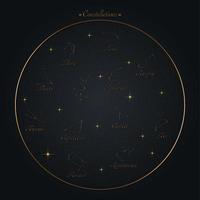 Zodiac wheel of constellations sign set, vector illustration. Astrological symbols with golden gradient effect. stars on night sky map background. Space with shiny, sparkling stars galaxy, round frame