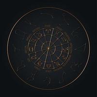 Zodiac wheel of constellations and sign set, vector illustration. Astrological symbols with golden gradient effect. stars on night sky map background. Space with shiny, sparkling stars, round frame