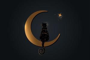 Black Cat sitting on the crescent Moon, look at the stars. Golden wicca symbol, boho style. Vector illustration isolated on black background