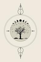 Sacred tree. Hand drawn Mystical Moon Phases, tree of life, Sacred geometry. Wicca banner old sign, energy circle, boho style vector isolated on vintage background