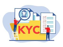 kyc o conozca a su cliente con el negocio verificando la identidad del concepto de sus clientes en los futuros socios a través de un ilustrador de vectores de lupa