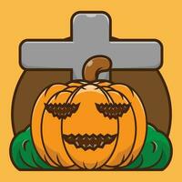 Scary looking pumpkin fruit icon vector illustration. Jack O Lantern's face. Premium icon halloween character concept. Flat cartoon style