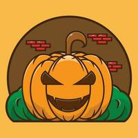 Ilustración de vector de icono de fruta de calabaza de aspecto aterrador. cara de jack o lantern. concepto de personaje de halloween de icono premium. estilo de dibujos animados plana