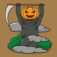 Vector illustration of spooky Jack O Lantern icon carrying a scythe during foggy time. The cloaked Jack O Lantern. Premium icon scary halloween character concept. Flat cartoon style