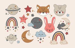 Vector hand drawn baby collection for nursery decoration with cute rainbows, clouds, moon, stars and animals. Perfect for baby shower, birthday card, clothing prints