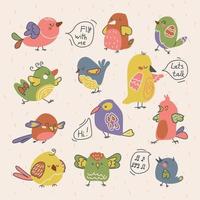 Vector set of cute colored birds that sing and talk.