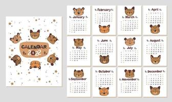 diseño de calendario 2022. calendario divertido y lindo con tigres dibujados a mano y símbolos escandinavos. vector bozales de tigres, símbolo del calendario 2022 para niños.