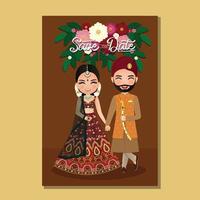 Wedding invitation card the bride and groom cute couple in traditional indian dress cartoon character. Vector illustration