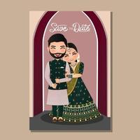 Wedding invitation card the bride and groom cute couple in traditional indian dress cartoon character. Vector illustration