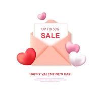 Valentines Day sale label with cute pink envelope and hearts.
