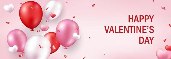 banner del día de san valentín. diseño romántico con objetos festivos realistas, globos realistas, corazones, confeti brillante. cartel horizontal festivo vector