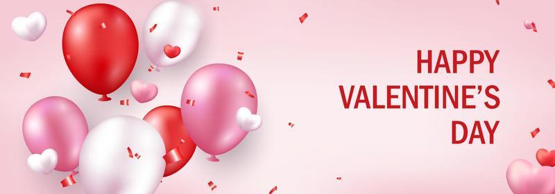 Valentines Day banner. Romantic design with realistic festive objects, realistic balloons, hearts, glitter confetti. Festive Horizontal poster