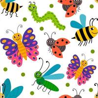 Cute dibujos animados sonriendo verano insectos aleatorios de patrones sin fisuras con pequeños puntos. vector