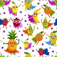 Cute superheroes fruits seamless pattern. Superpower vitamin food in flat style. Fruits characters messy background. vector