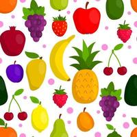 Cute fruit in flat style seamless pattern. Pineapple and strawberry, apple and apricot. vector