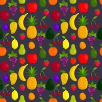 Cute fruit in flat style seamless pattern. Pineapple and strawberry, apple and apricot. vector
