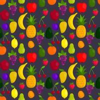 Cute fruit in flat style seamless pattern. Pineapple and strawberry, apple and apricot. vector