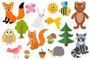 Cute cartoon set of woodland animals isolated on white background.  Fox and hedgehog, owl and rabbit, bear and raccoon, bee and butterfly, golden fish and bird, squirrel and sun, trees, mushrooms.