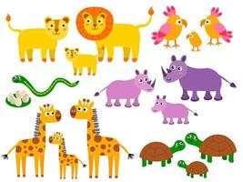 lindas familias de leones y loros, serpientes y rinocerontes, jirafas y tortugas. dibujos animados de animales salvajes africanos en estilo plano infantil aislado sobre fondo blanco. vector