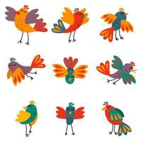 Cute set of birds in different poses in flat style. Flying and standing birds collection isolated on white background. vector