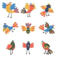 lindo conjunto de pájaros en diferentes poses en estilo plano. colección de pájaros volando y de pie aislado sobre fondo blanco. vector