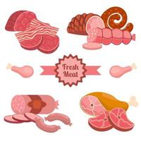 Cartoon fresh meat products compositions in flat style. Chicken and bacon, steak and sausages, Krakow sausage and ham, tenderloin. Meat and ingredients. vector