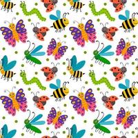 Cute cartoon smiling summer insects random seamless pattern with small dots.