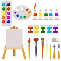 Cute set of art supplies for drawing in flat style isolated. Watercolor paint and brushes, oil paint and gouache, easel and canvas. Painting icons collection.