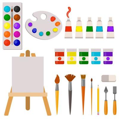 Drawing Tool Set Artist Easel Paints Brushes Cartoon Isolated White Stock  Vector by ©molnia26 242177968