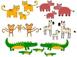 Cute tiger and hippo, monkey and zebra, crocodile families. Cartoon African wild animals in childlike flat style isolated on white background vector