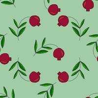 Doodle pomegranate on branch with leaves random seamless pattern. Fruit background. vector