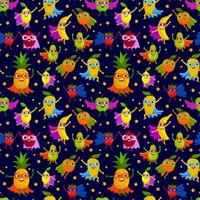 Cute superheroes fruits seamless pattern. Superpower vitamin food in flat style. Fruits characters messy background. vector