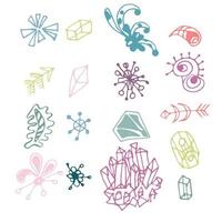 Colorful hand drawn fantasy elements set isolated on white background.  Collection of different original shapes. Arrows, minerals, triangles, prism, curls. vector