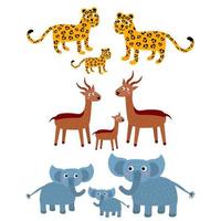 Leopard, gazelle, elephant. Cartoon African families of wild animals in childlike flat style isolated on white background. vector