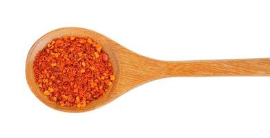 Cayenne pepper in wood spoon on white background photo