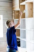 Woman Applying the First layer of Paint on a Wooden Library photo