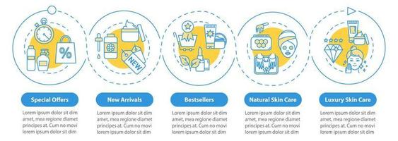 plantilla de infografía de vector de cuidado de la piel. ofertas especiales. los recién llegados. elementos de diseño de presentación comercial. visualización de datos con 5 pasos. gráfico de la línea de tiempo del proceso. diseño de flujo de trabajo con iconos lineales