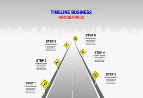 Vector template infographic Timeline of business operations with flags and placeholders on curved roads. Symbols, steps for successful business planning Suitable for advertising and presentations