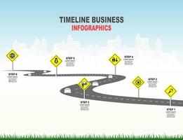 vector plantilla infografía línea de tiempo de operaciones comerciales con banderas y marcadores de posición en carreteras con curvas. símbolos, pasos para una planificación empresarial exitosa adecuados para publicidad y presentaciones.