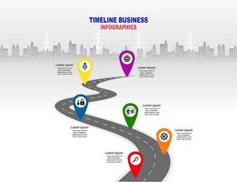 vector plantilla infografía línea de tiempo de operaciones comerciales con banderas y marcadores de posición en carreteras con curvas. símbolos, pasos para una planificación empresarial exitosa adecuados para publicidad y presentaciones