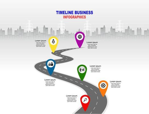 Vector template infographic Timeline of business operations with flags and placeholders on curved roads. Symbols, steps for successful business planning Suitable for advertising and presentations