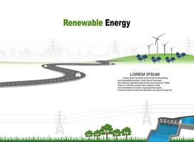 sistema de generación de energía energía limpia renovable de la naturaleza, como energía eólica, solar, agua, se puede utilizar para producir electricidad. plantilla de vector infografía línea de tiempo de operaciones comerciales con banderas