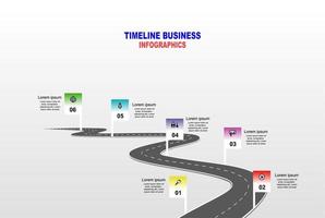 Vector template infographic Timeline of business operations with flags and placeholders on curved roads. Symbols, steps for successful business planning Suitable for advertising and presentations.